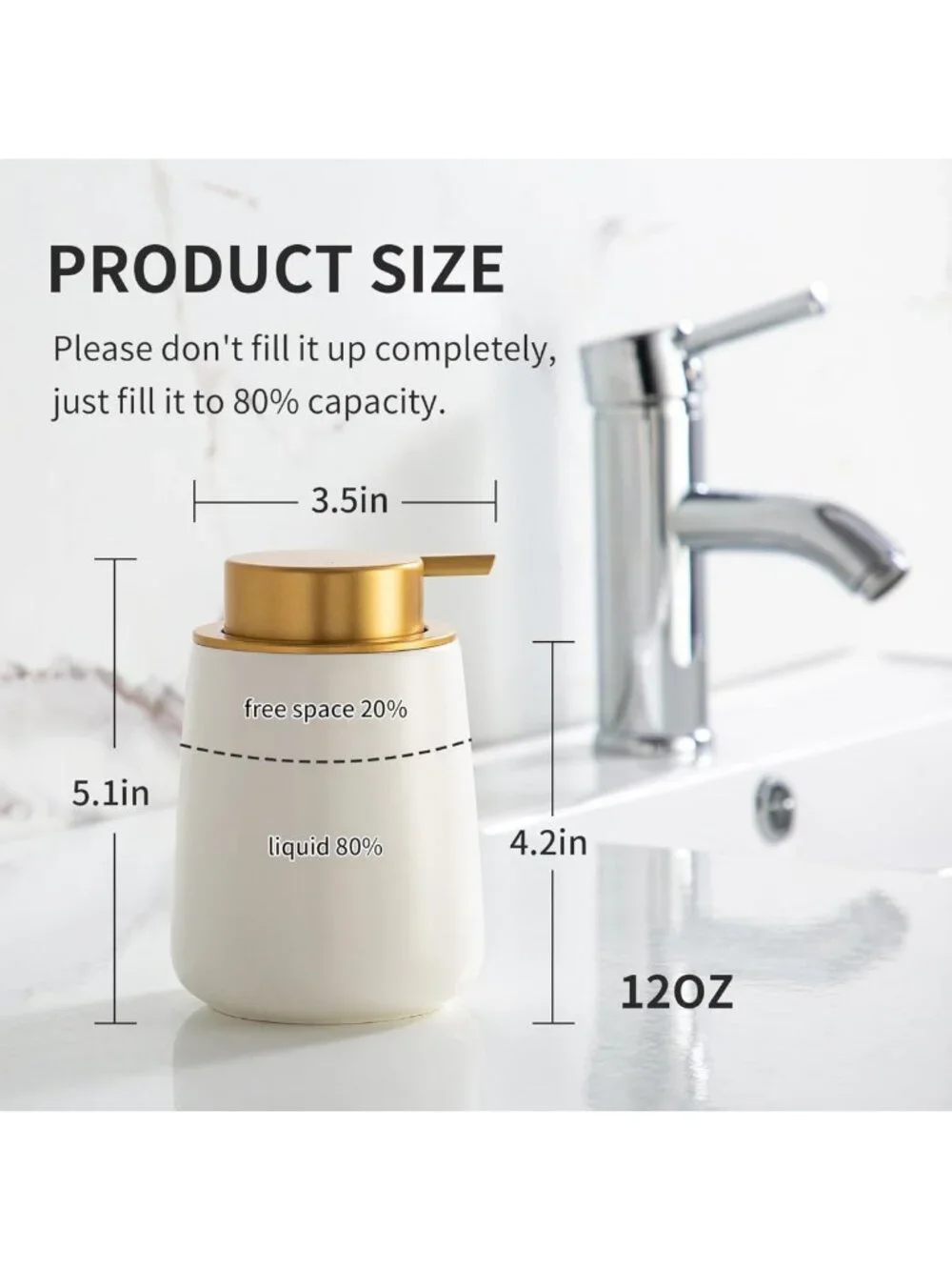 Elegant White Ceramic Soap & Lotion Dispenser with Gold Pump | 12oz Refill